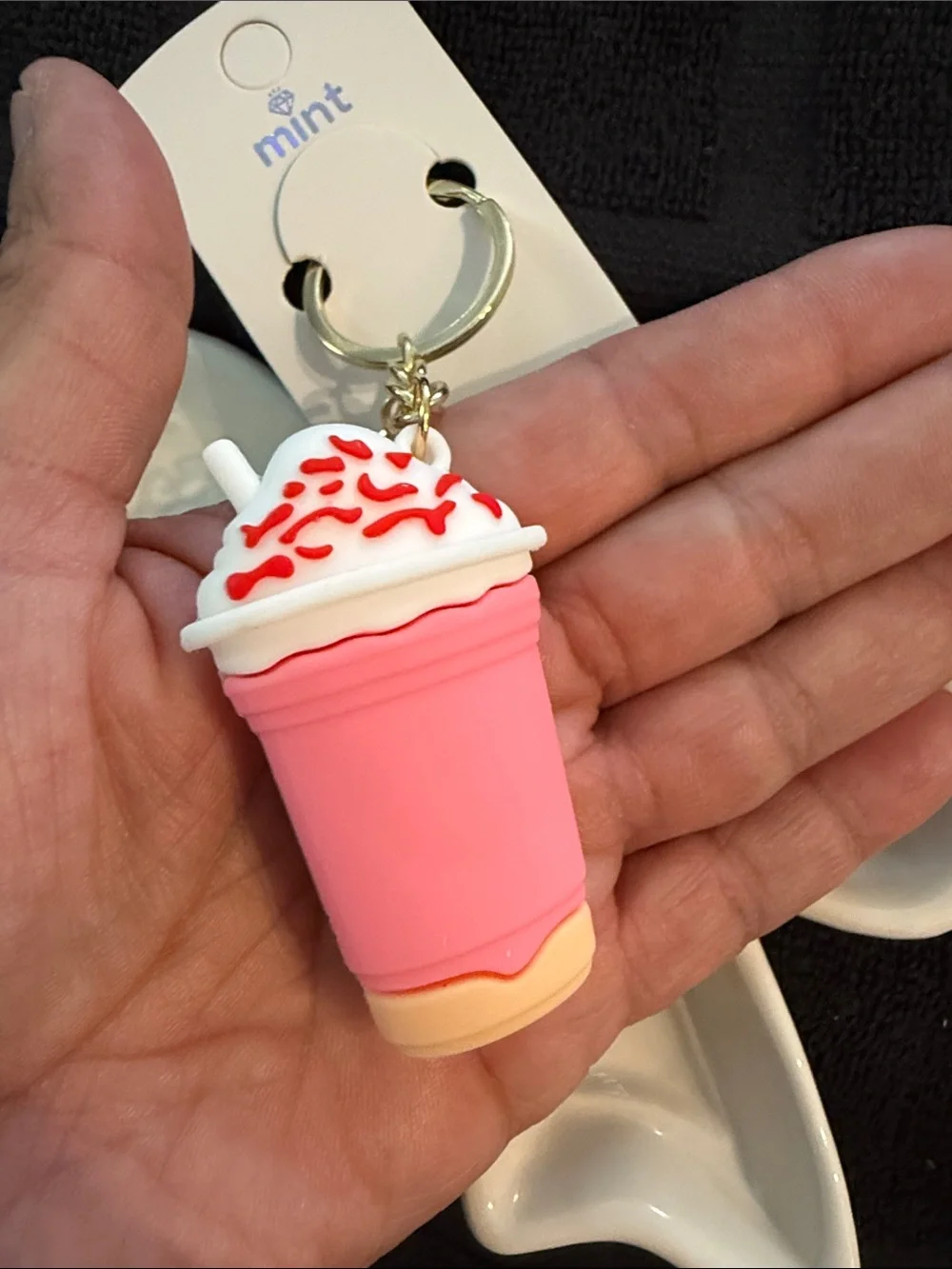 Mint Pink Starbucks Cup Keychain with White Whip and Red Sprinkles